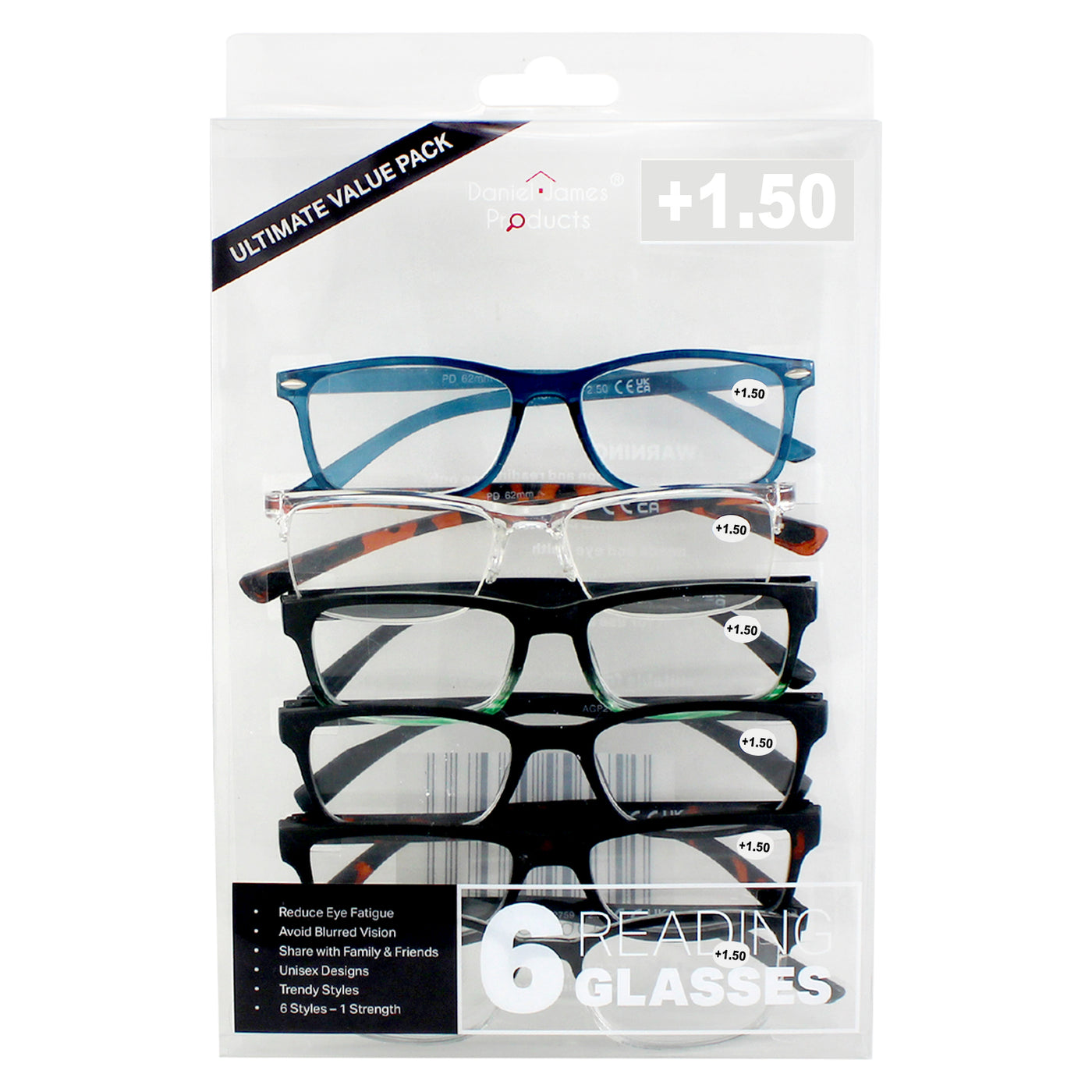 3-Pack Reading Glasses Readers +1.0 To +2.75 Strength - Black Half Frame Foldable