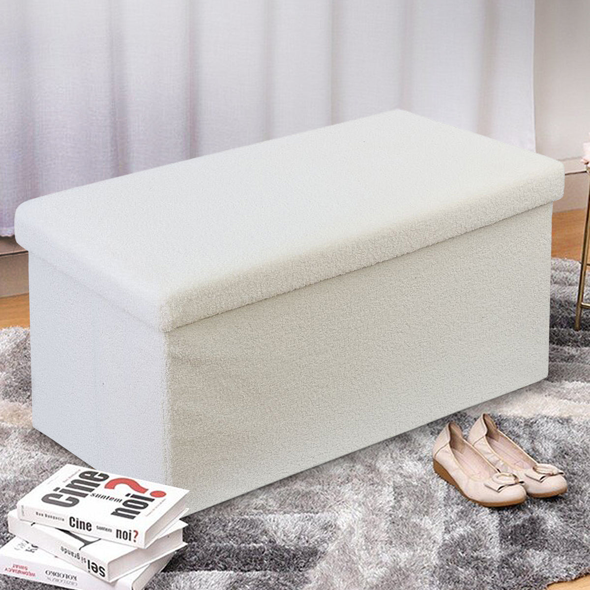 Cream & White Teddy Bouclé Foldable Storage Ottoman Box by Daniel James