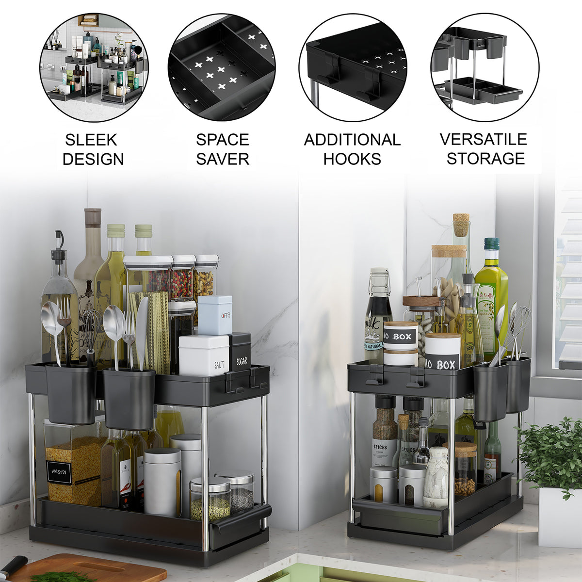 Set of 2 Under sink Storage Organisers with Sliding Shelf– Black or White