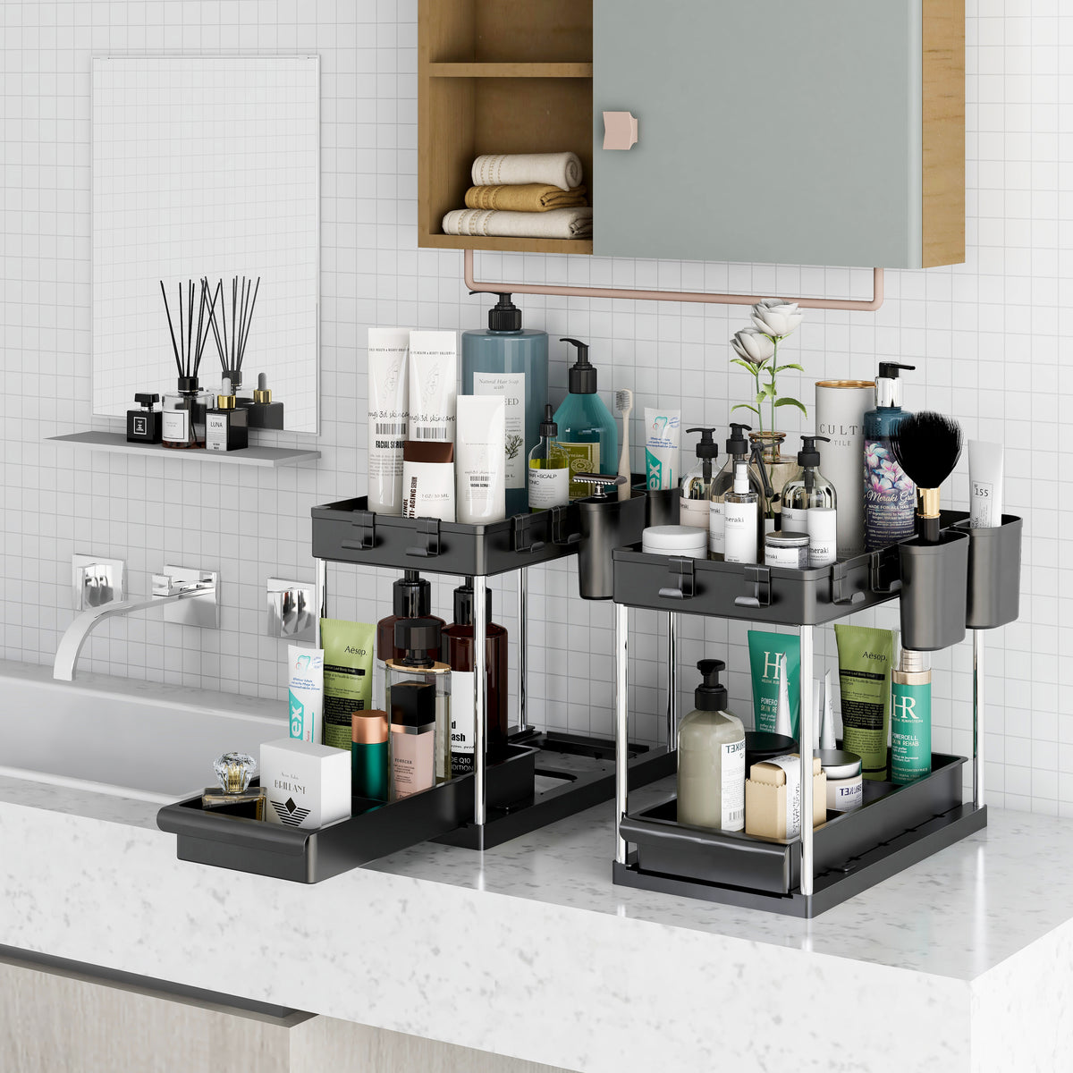 Set of 2 Under sink Storage Organisers with Sliding Shelf– Black or White