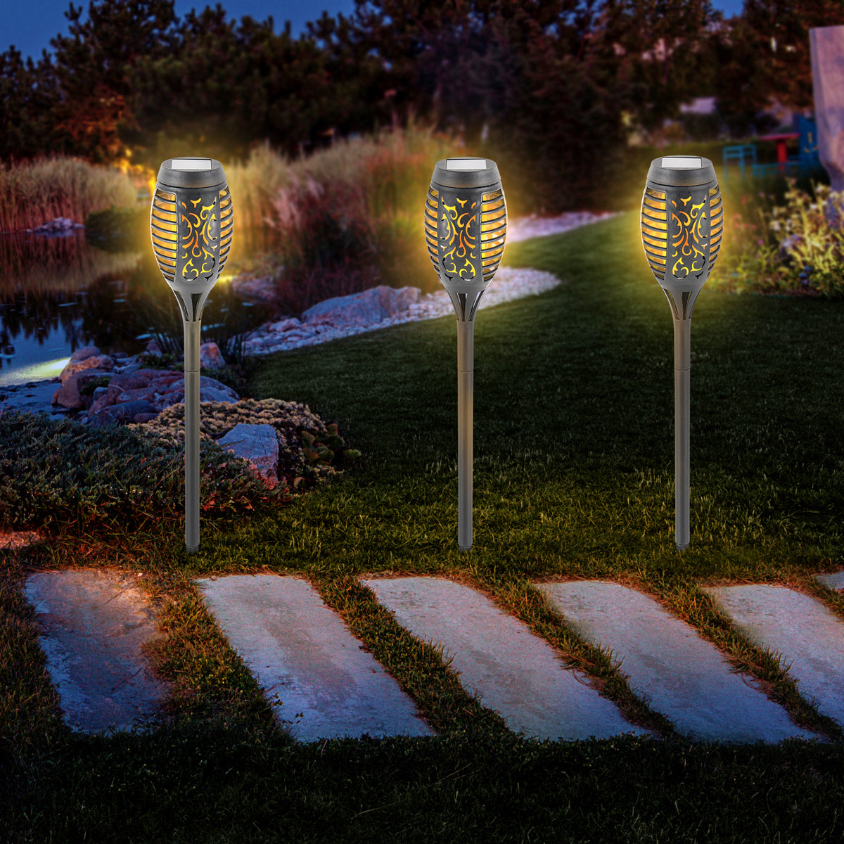 Set of 4 Flickering Flame Solar Lights – Warm LED Garden Lighting