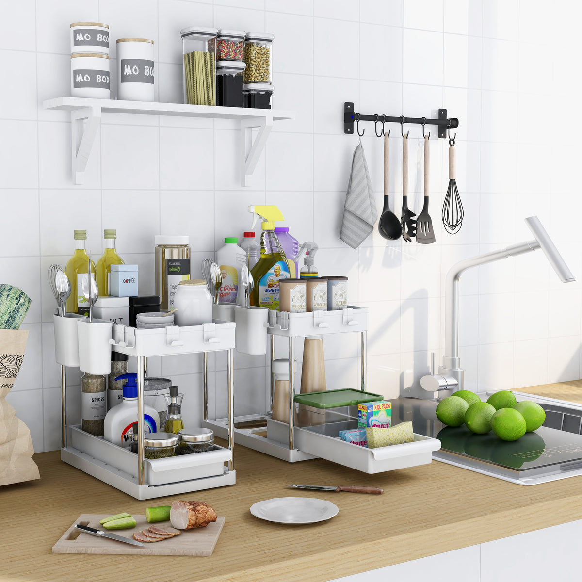 Set of 2 Under sink Storage Organisers with Sliding Shelf– Black or White