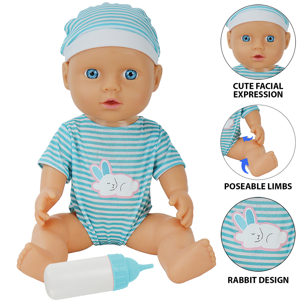 30cm Hard Body Baby Doll with Bottle | Pink or Blue Style
