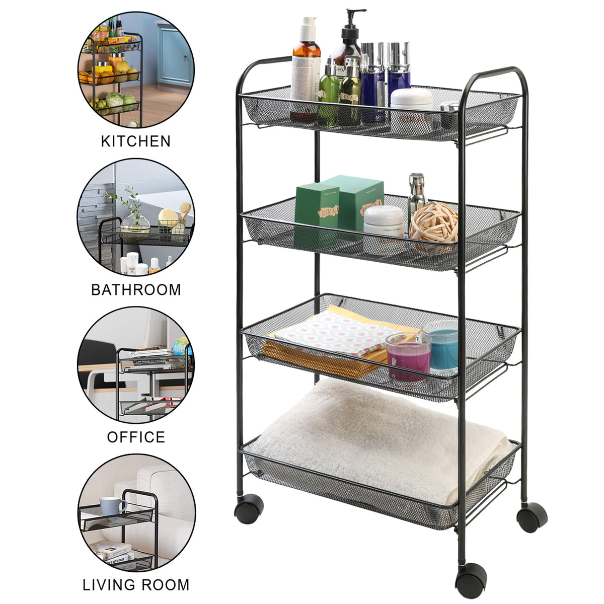 4 Tier Metal Mesh Storage Trolley Tower with Wheels – Black or White