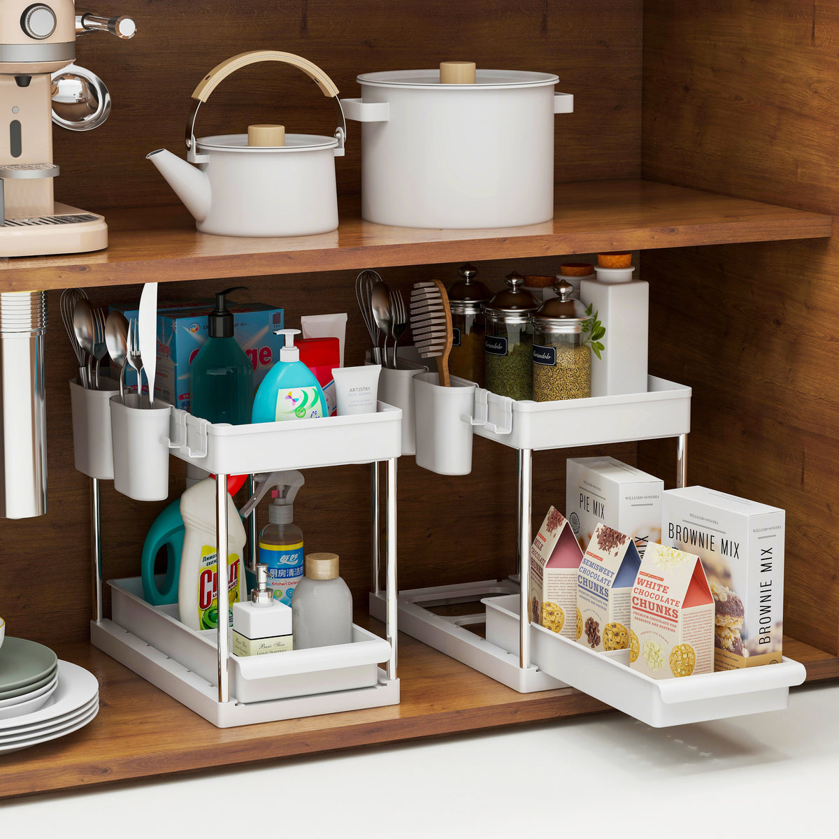 Set of 2 Under sink Storage Organisers with Sliding Shelf– Black or White
