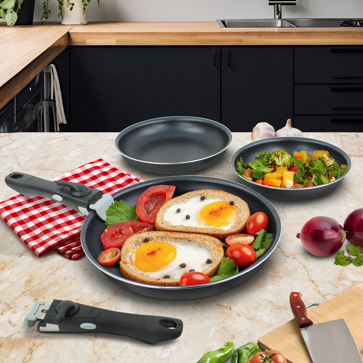 3 Piece Non Stick Frying Pan Set with Detachable Handle