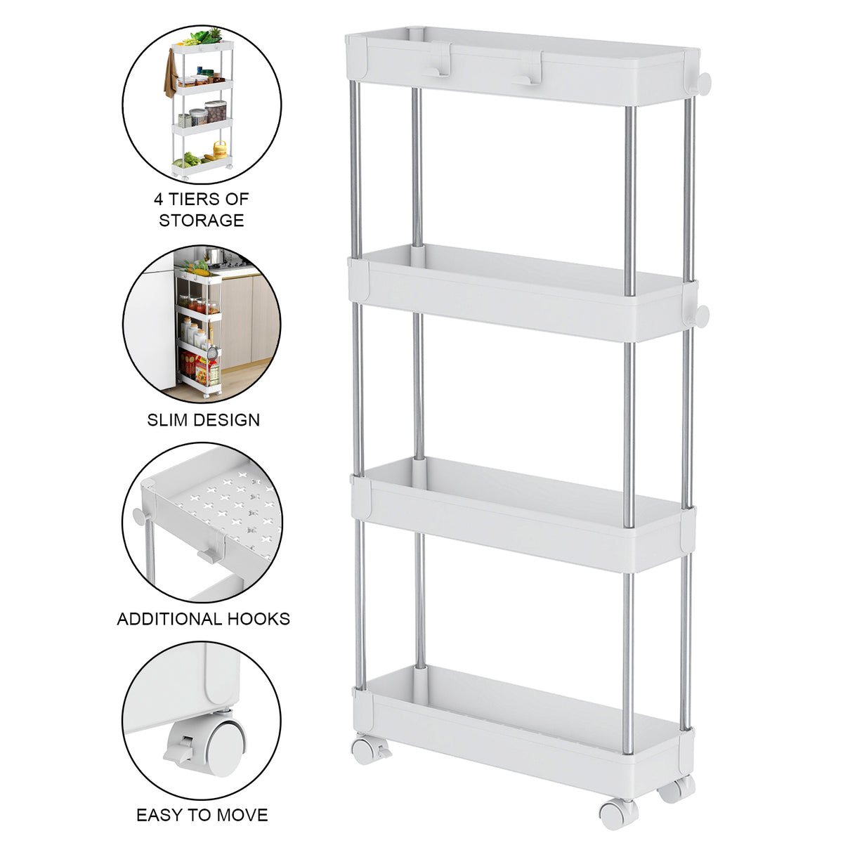 4 Tier Slim Storage Trolley with Wheels – Black or White
