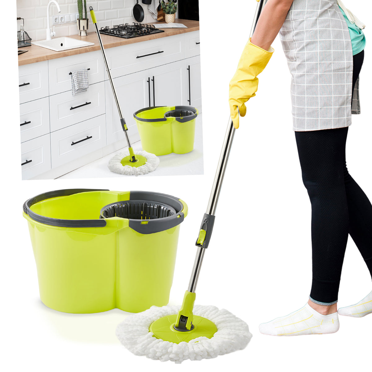 Microfibre Spin Mop & 16L Bucket Set – Green & White