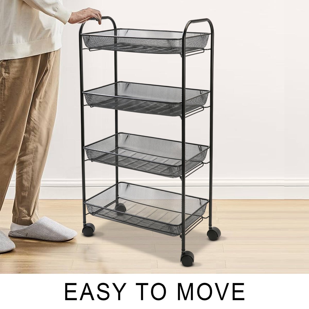 4 Tier Metal Mesh Storage Trolley Tower with Wheels – Black or White