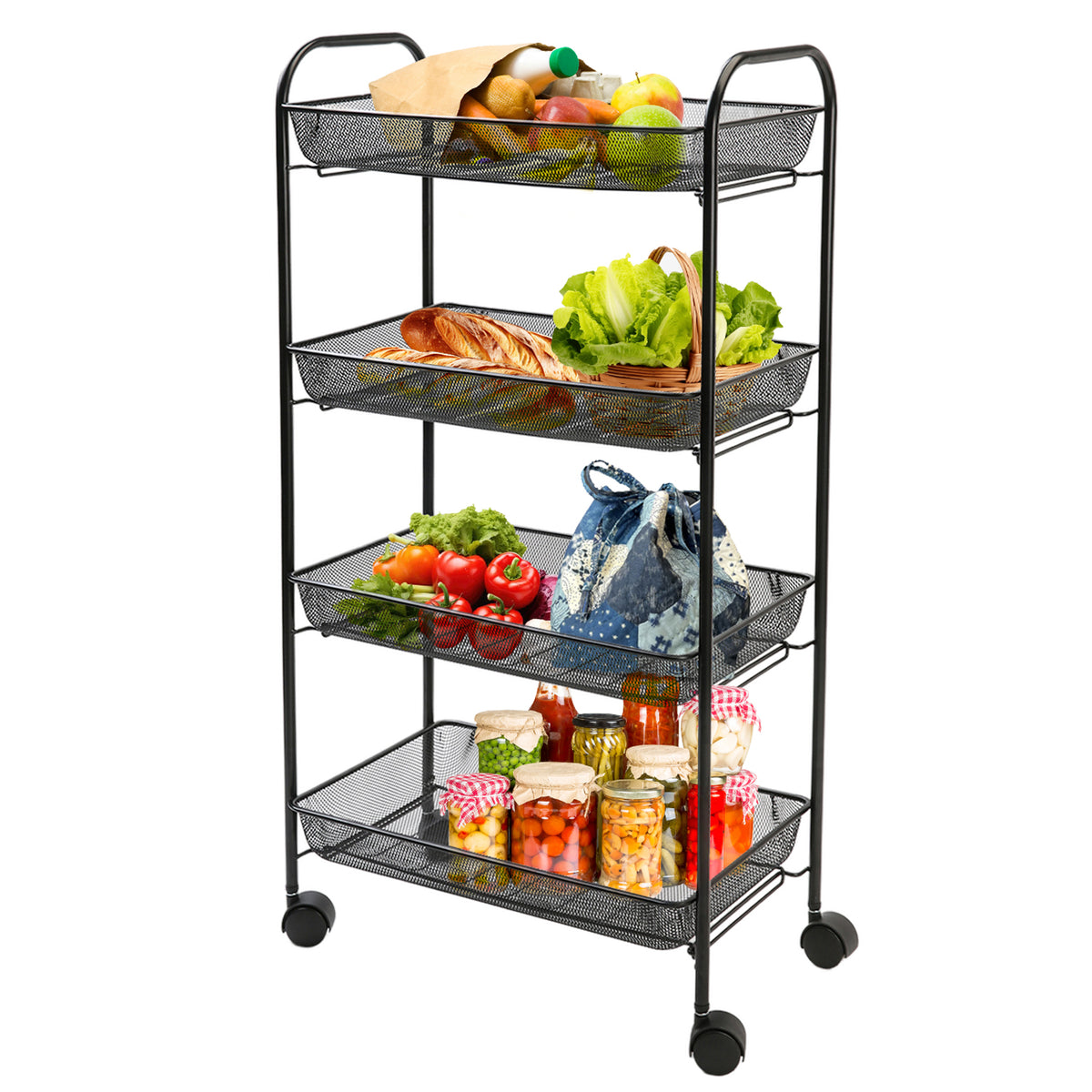 4 Tier Metal Mesh Storage Trolley Tower with Wheels – Black or White