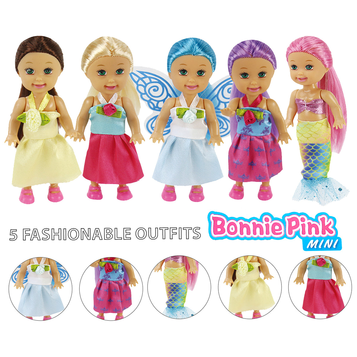 Pack of 5 Mini Dolls Gift Set - Princess, Fairy, and Mermaid Dolls