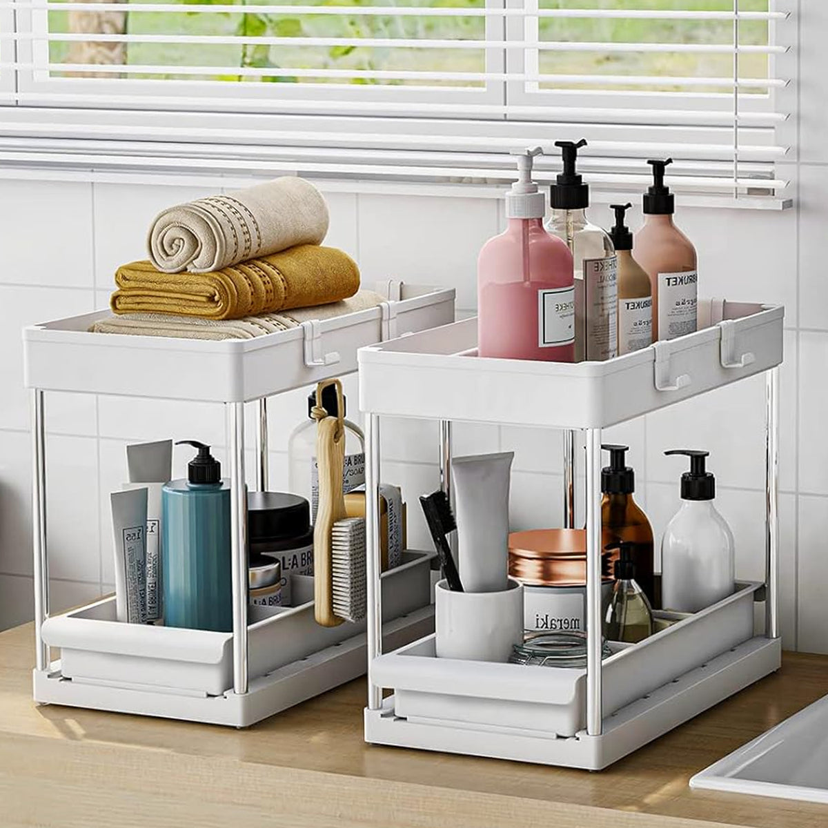Set of 2 Under sink Storage Organisers with Sliding Shelf– Black or White