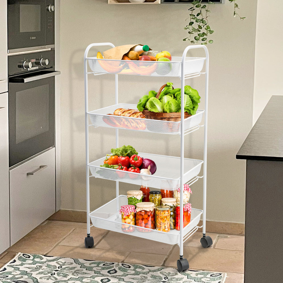 4 Tier Metal Mesh Storage Trolley Tower with Wheels – Black or White