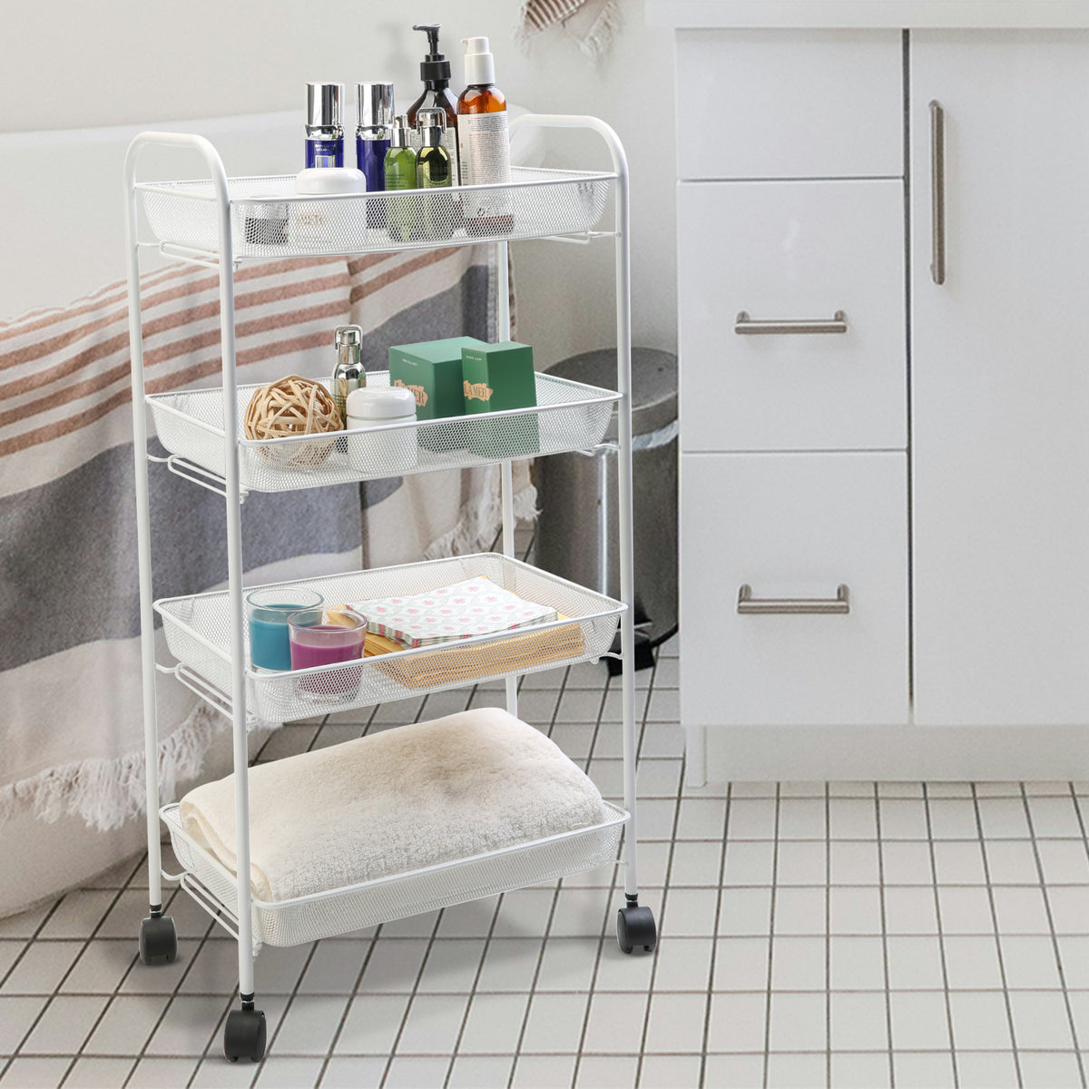 4 Tier Metal Mesh Storage Trolley Tower with Wheels – Black or White