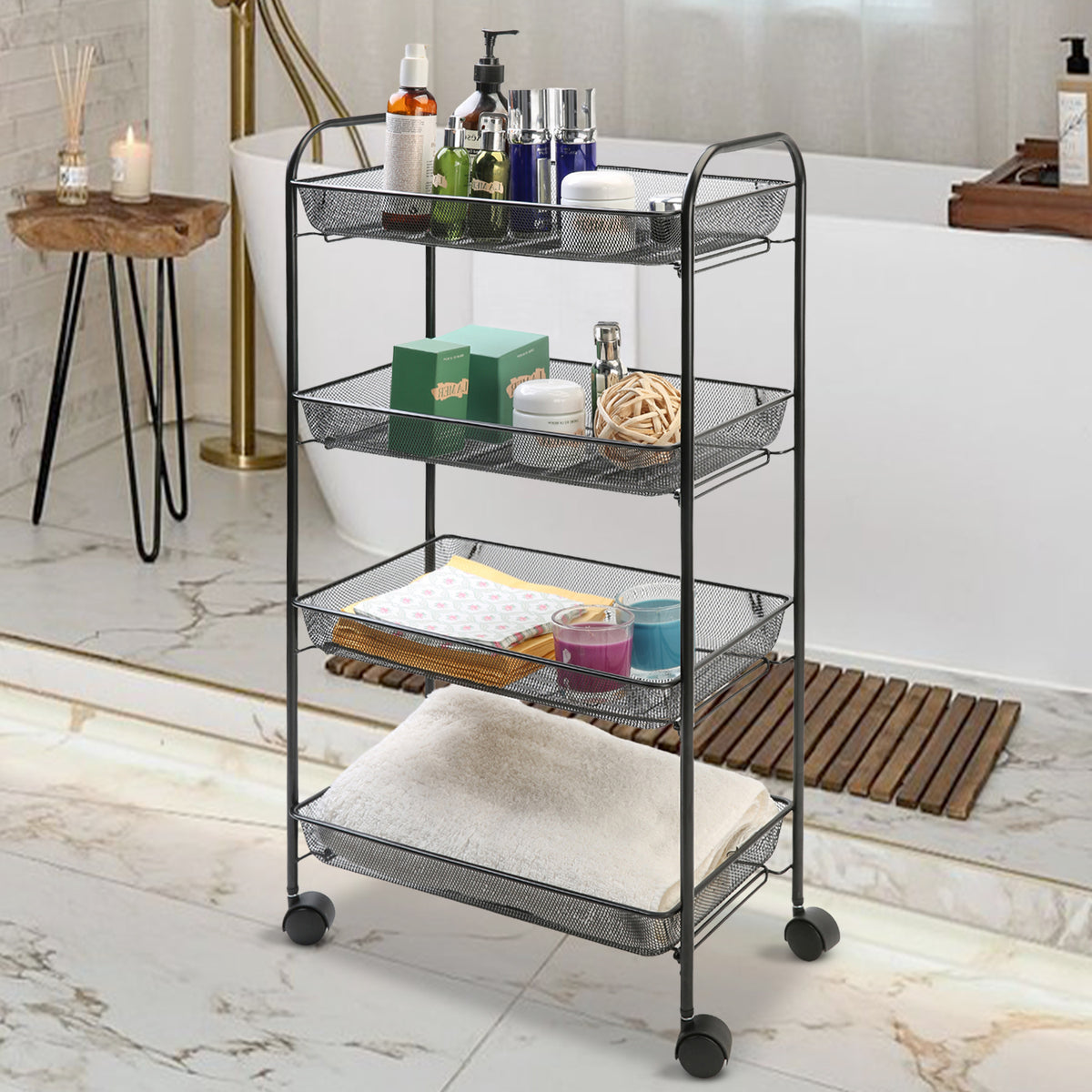 4 Tier Metal Mesh Storage Trolley Tower with Wheels – Black or White