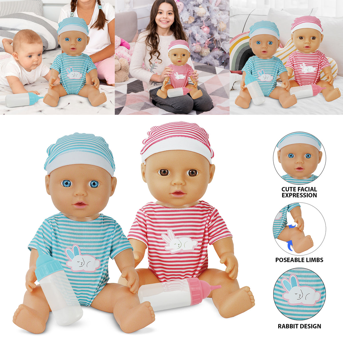 30cm Hard Body Baby Doll with Bottle | Pink or Blue Style
