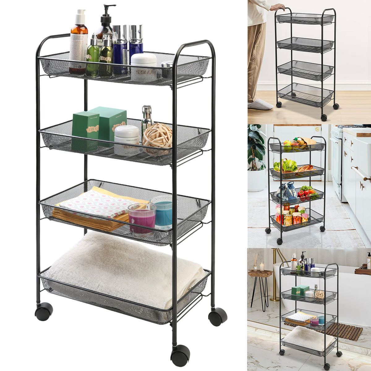 4 Tier Metal Mesh Storage Trolley Tower with Wheels – Black or White