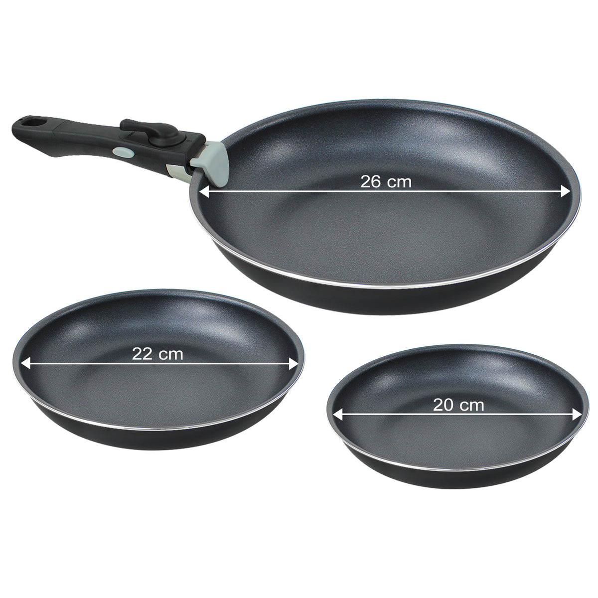 3 Piece Non Stick Frying Pan Set with Detachable Handle