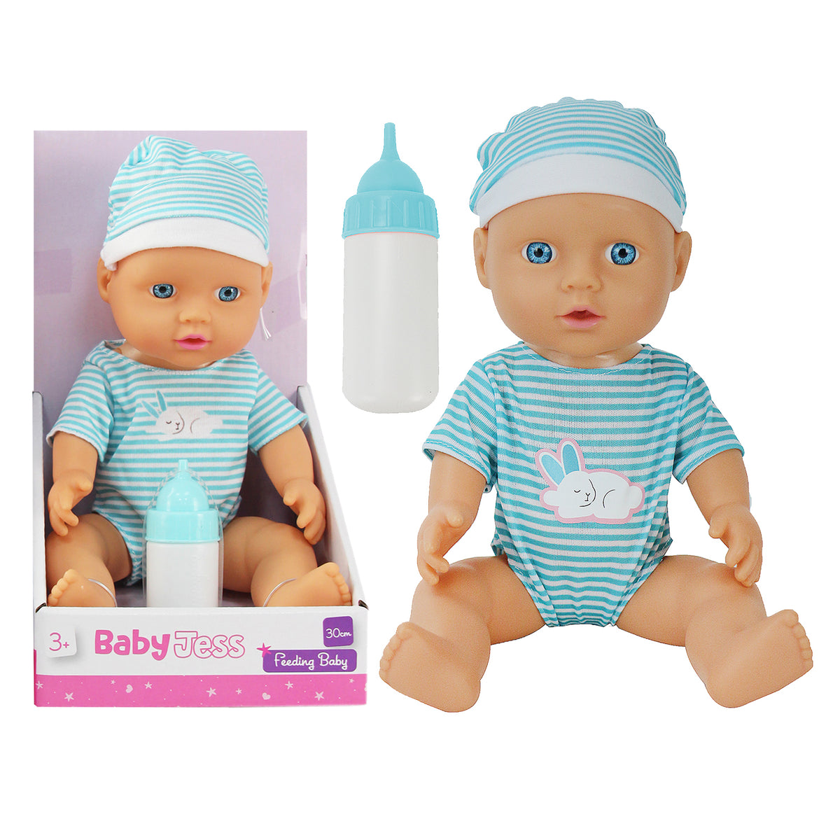 30cm Hard Body Baby Doll with Bottle | Pink or Blue Style