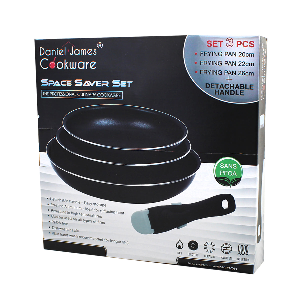 3 Piece Non Stick Frying Pan Set with Detachable Handle
