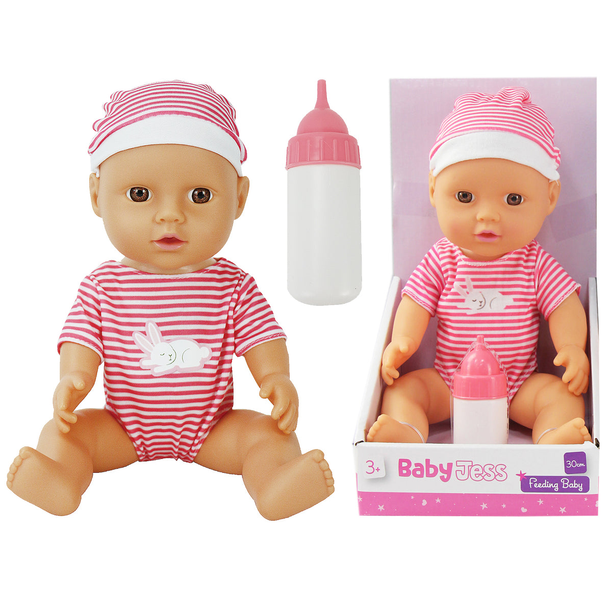 30cm Hard Body Baby Doll with Bottle | Pink or Blue Style