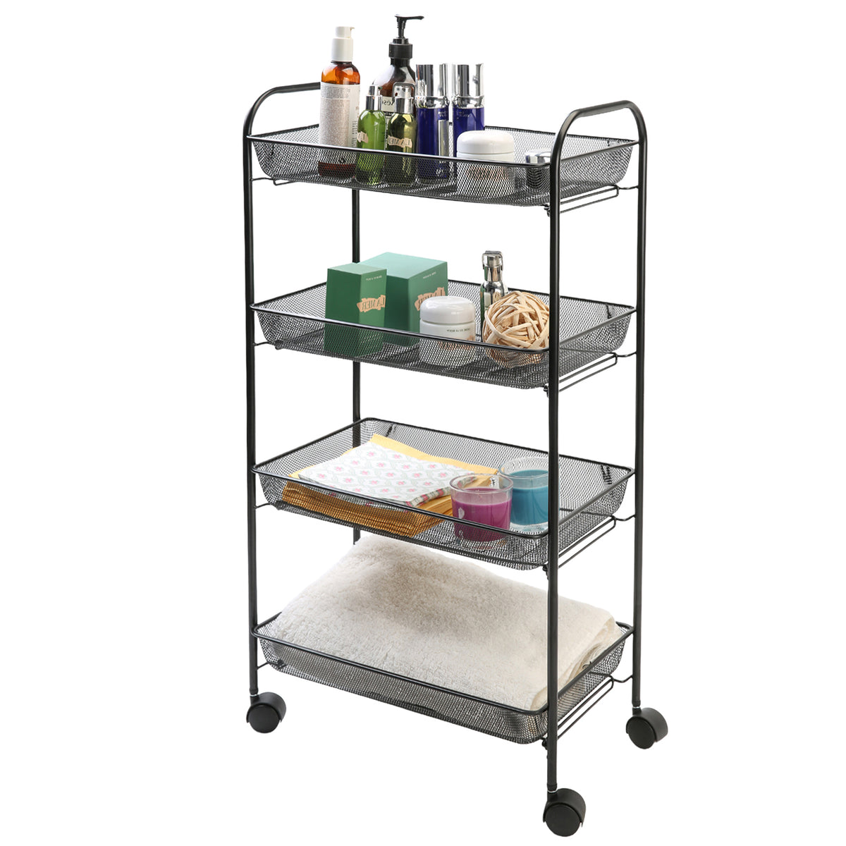 4 Tier Metal Mesh Storage Trolley Tower with Wheels – Black or White