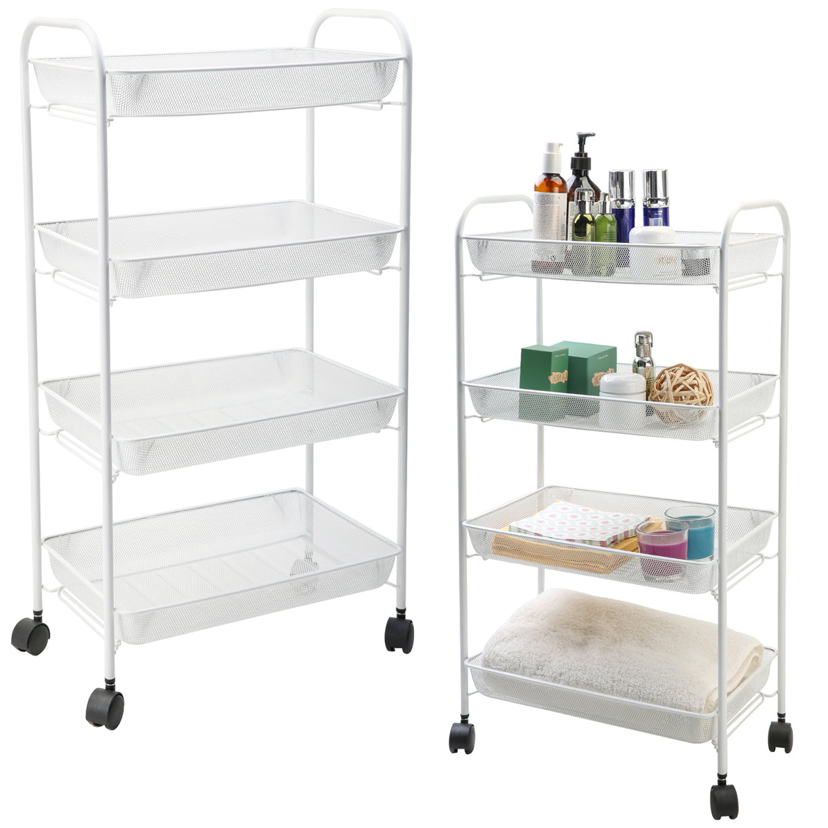 4 Tier Metal Mesh Storage Trolley Tower with Wheels – Black or White