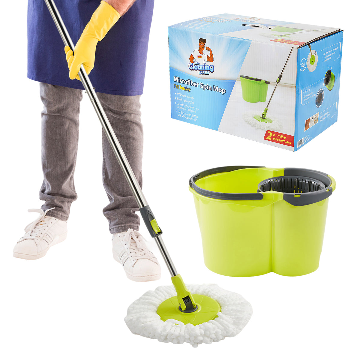 Microfibre Spin Mop & 16L Bucket Set – Green & White