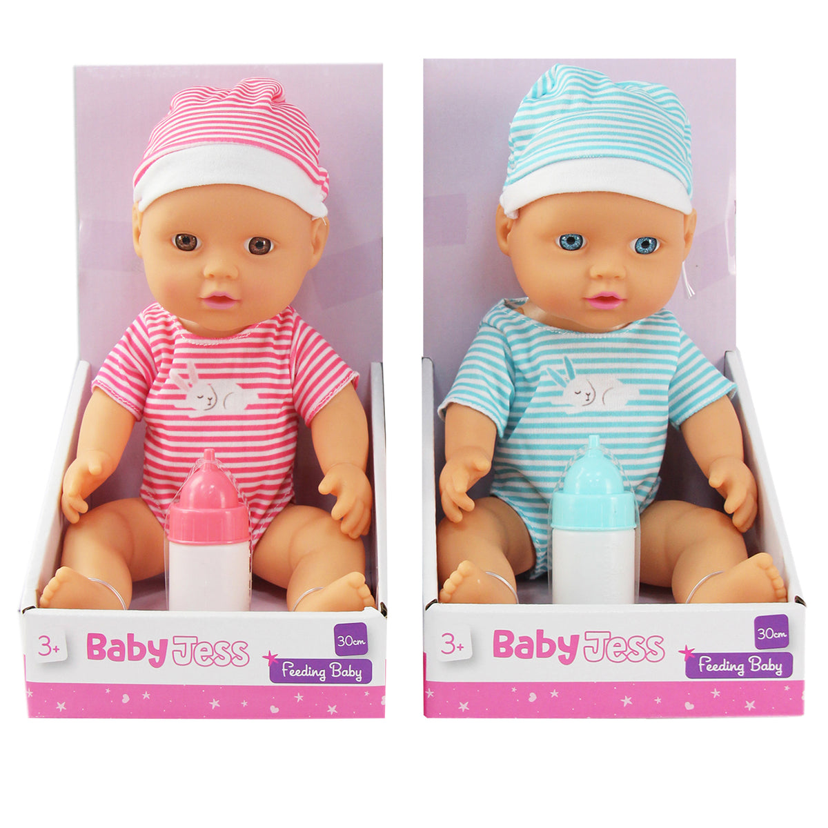 30cm Hard Body Baby Doll with Bottle | Pink or Blue Style