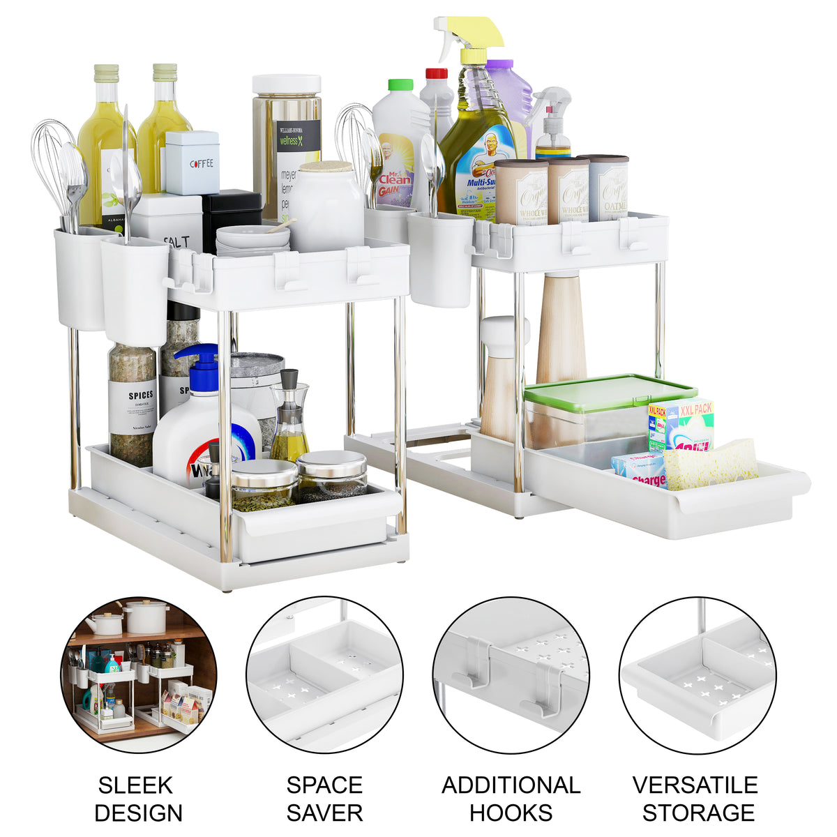 Set of 2 Under sink Storage Organisers with Sliding Shelf– Black or White