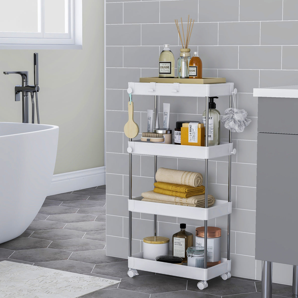 4 Tier Wide Storage Trolley with Wheels – Black or White