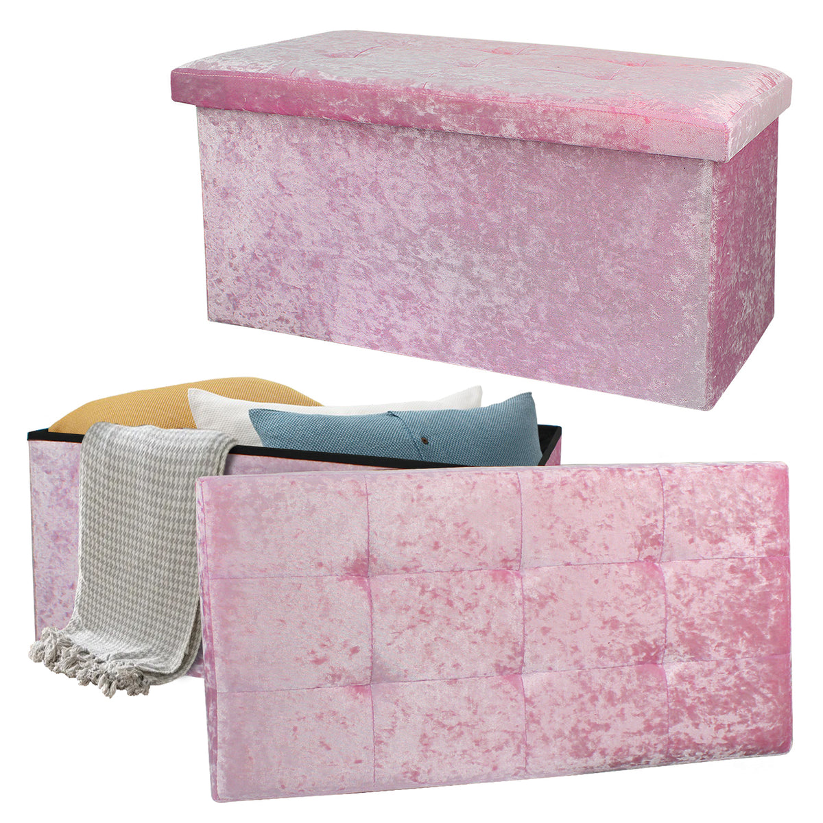 Large Pink Double Crushed Velvet Storage Ottoman