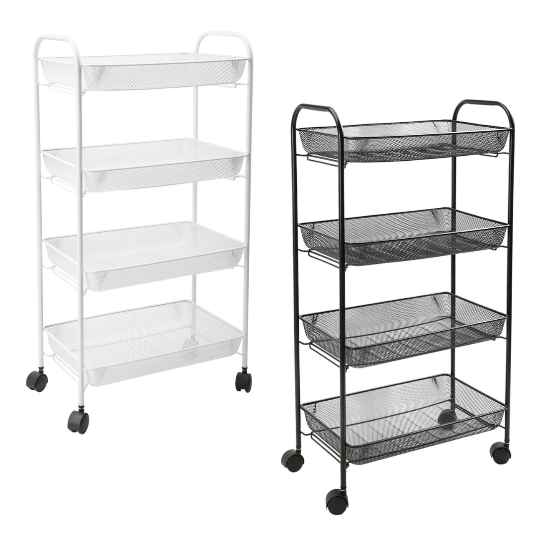 4 Tier Metal Mesh Storage Trolley Tower with Wheels – Black or White