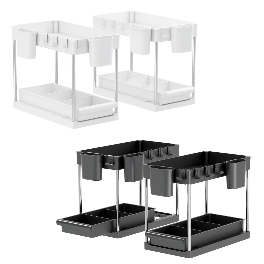 Set of 2 Under sink Storage Organisers with Sliding Shelf– Black or White