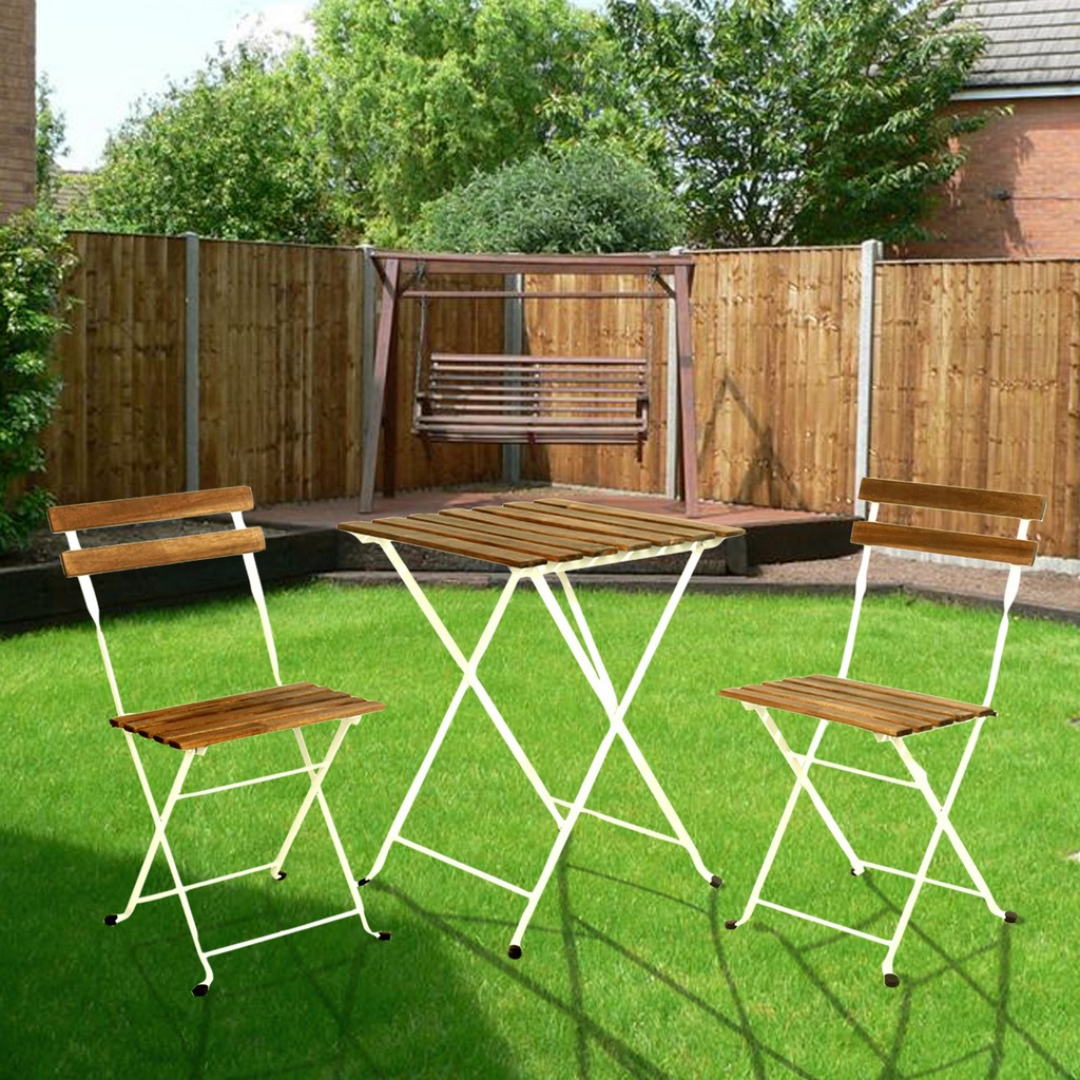 3 Piece Wooden Ambiance Bistro Set with White Metal Legs