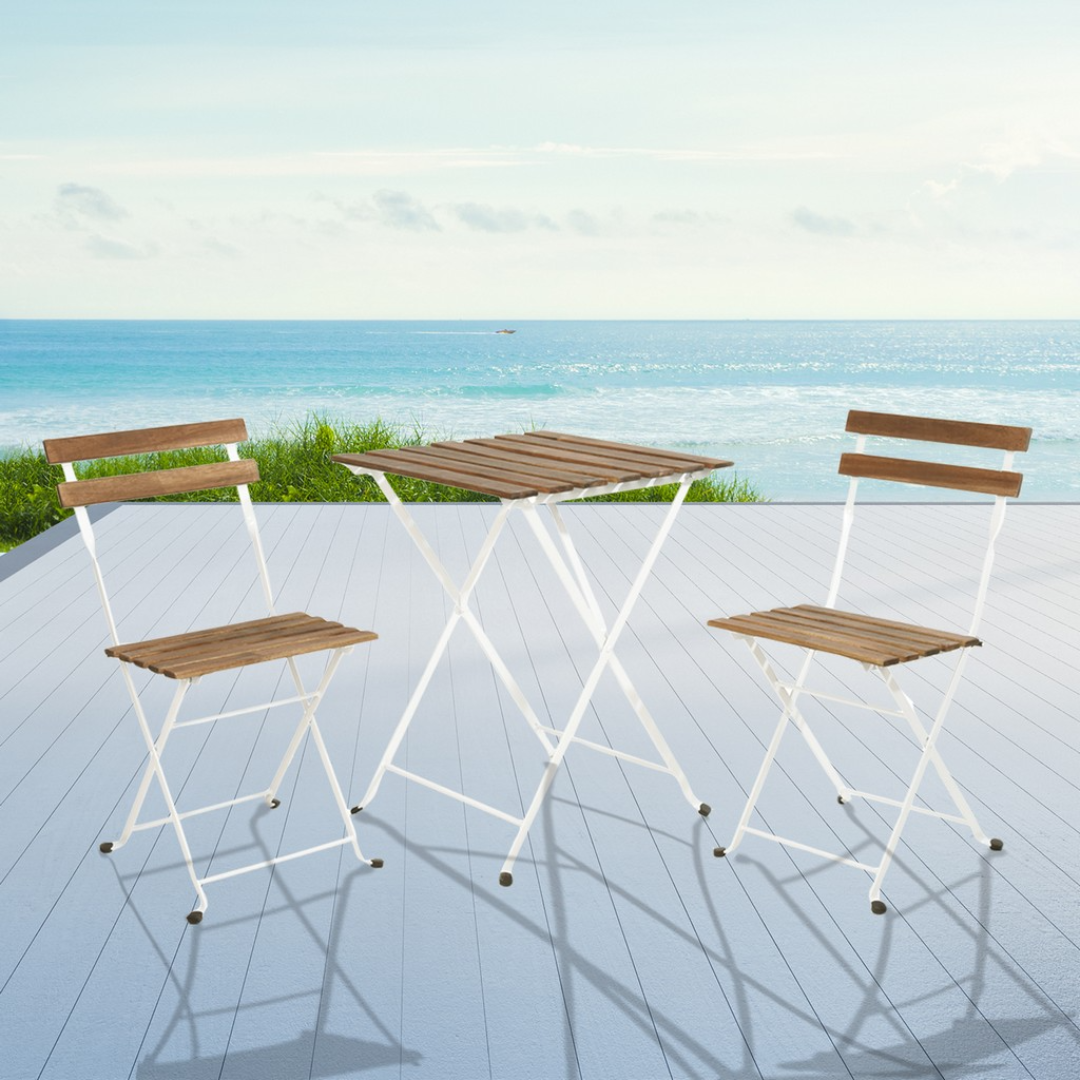 3 Piece Wooden Ambiance Bistro Set with White Metal Legs