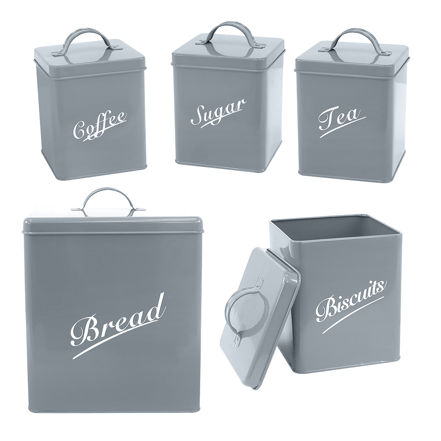 Grey 5 Piece Kitchen Storage Canister Set Tin Containers for Tea Coffee Biscuits & Bread with Copper Detailing Sugar 