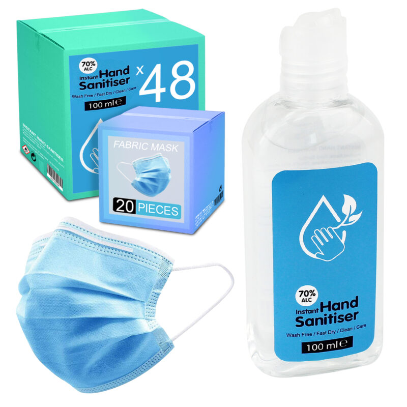48 x 100ml Bottles Hand Sanitiser 70% Ethanol & 20 Free 3-Layer Face Masks