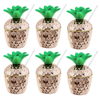 Set of 6 Plastic Rose Gold Pineapple Cups With Straws