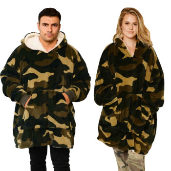 Adults Khaki Camouflage Sherpa Fleece Hoodie Blanket