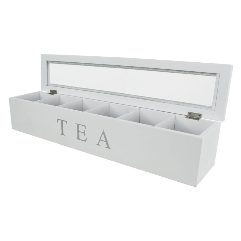 White Wooden MDF 6 Section Tea Bag Storage Box With Clear Lid