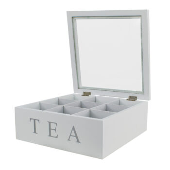 White Wooden MDF 9 Section Tea Bag Storage Box With Clear Lid