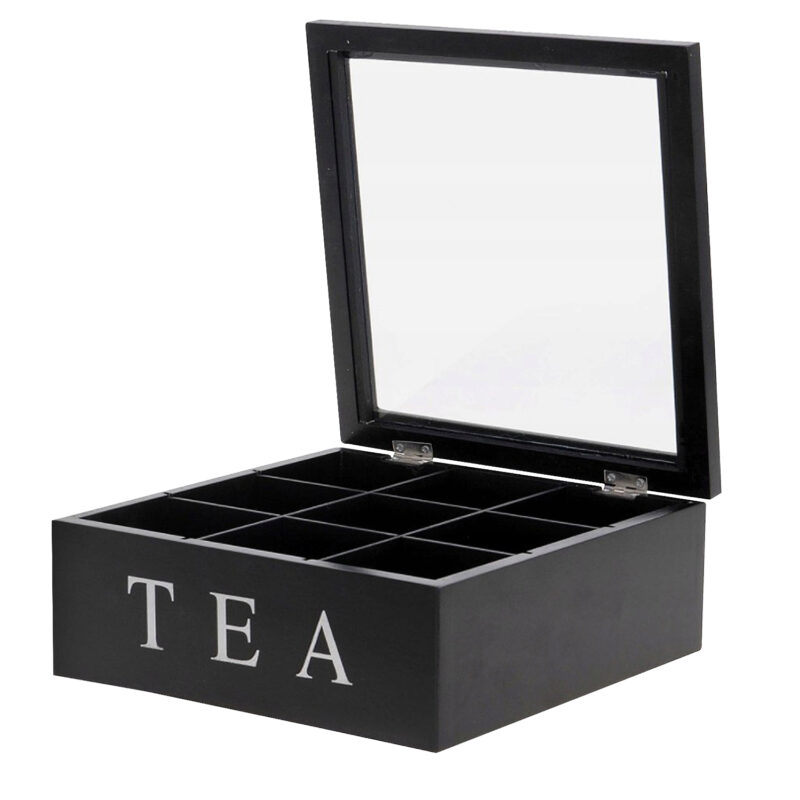 Black Wooden MDF 9 Section Tea Bag Storage Box With Clear Lid