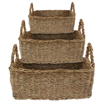 Set of 3 Rectangle Seagrass Storage Baskets With Handles