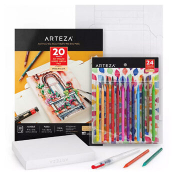 Arteza Watercolor Art Set - Woodless Watercolor Pencils 24 and 20 Sheets of Foldable Canvas